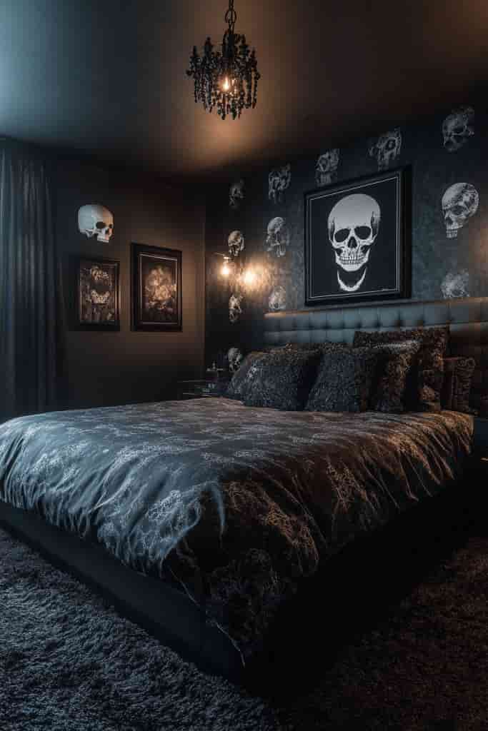 skulls and skeleton themed bedroom