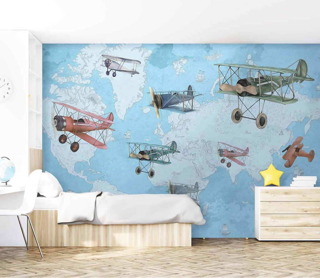 blue and white airplane themed wallpaper for bedroom