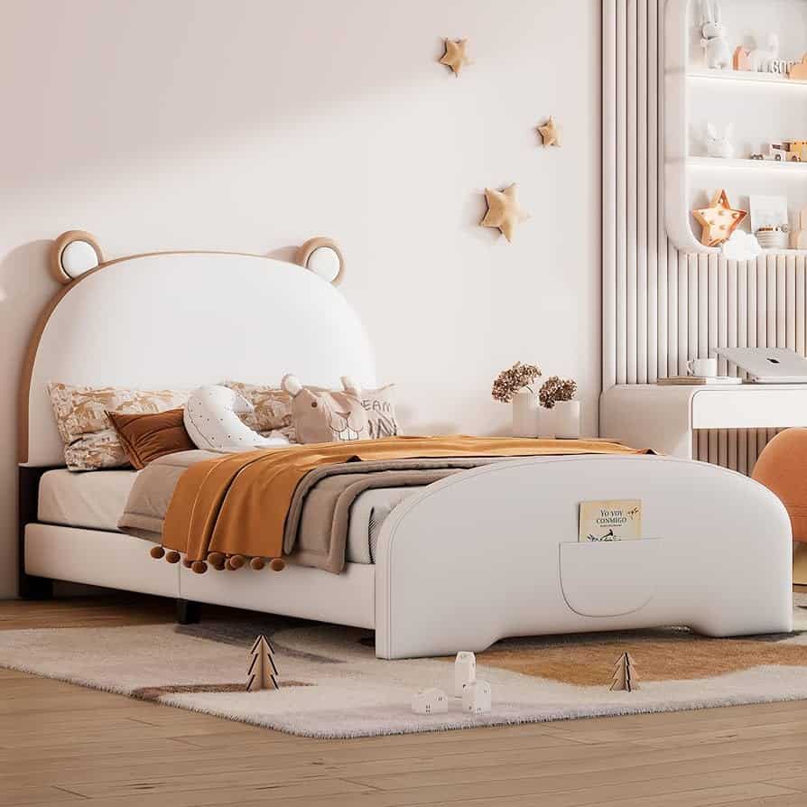 an image showing bear shaped bedding in a white and brown accent