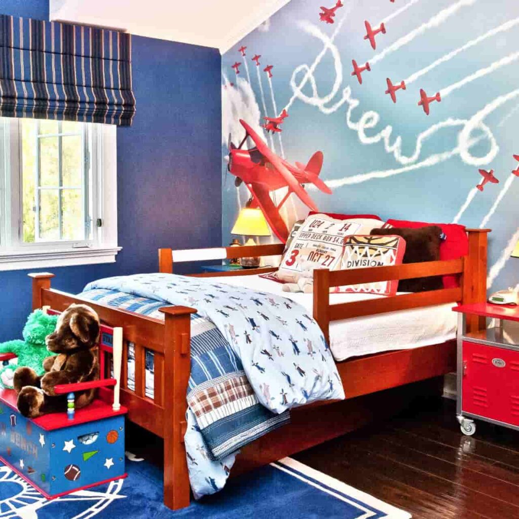 a classic blue, white, and red accent bedroom