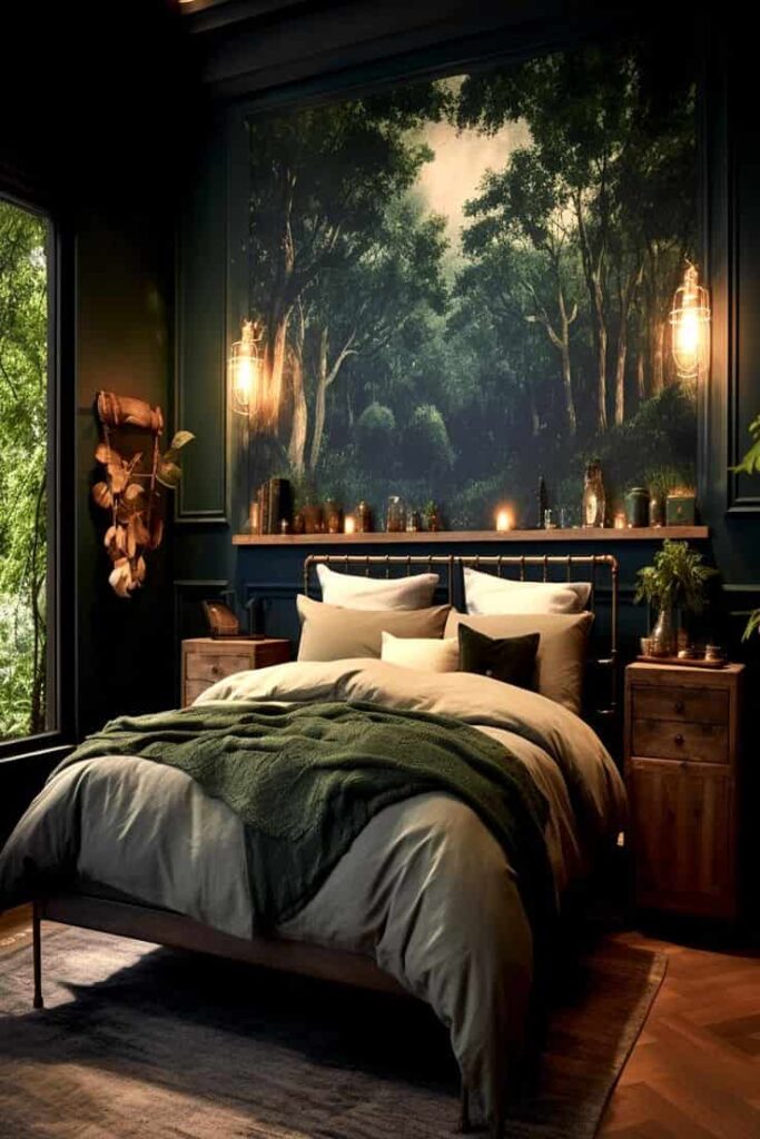 dark green and brown, dark forest themed horror bedroom