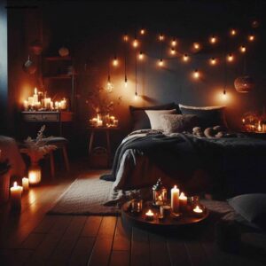 black bedroom with LED candles