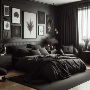 black rug in a black bedroom