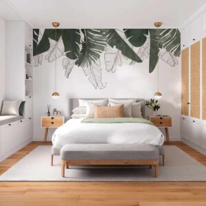 an image of a simple botanical wallpaper on a wall of a bedroom