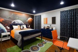 cosmic themed black bedroom