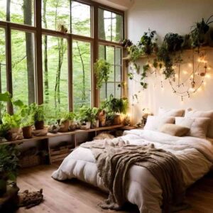 an image of fairy light bedroom in nature theme