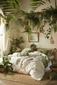 an image showing hanging plants in a nature themed bedroom