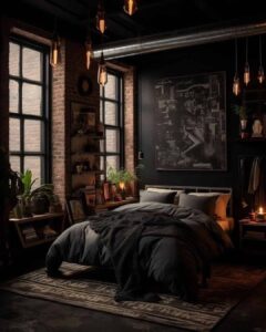 industrial lighting in black bedroom