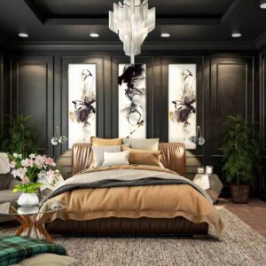 an image of luxury black bedroom with golden blanket