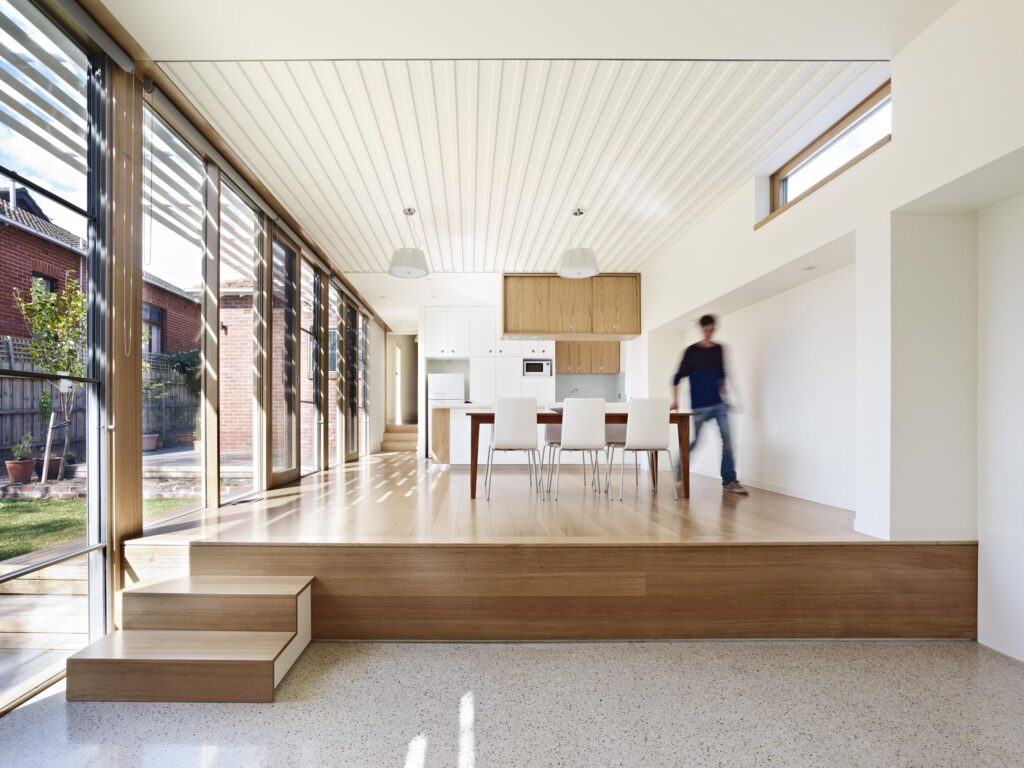 Dual-Tone Flooring Split Level Living Room
