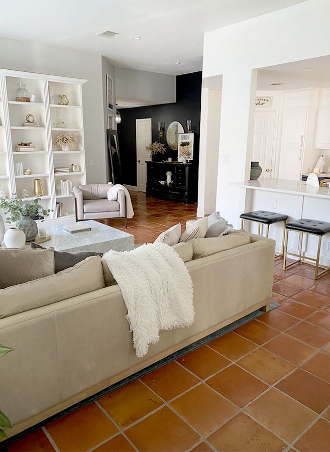 Zen themed living room with Saltillo Tiles 