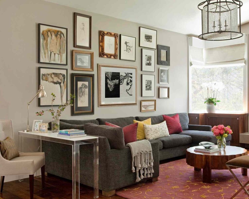 Charcoal Couch Living Room Ideas: Create a Gallery Wall