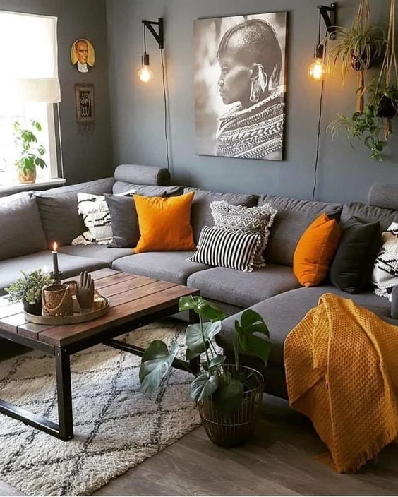 Charcoal Couch Living Room Ideas: Accent with Colorful Pillows