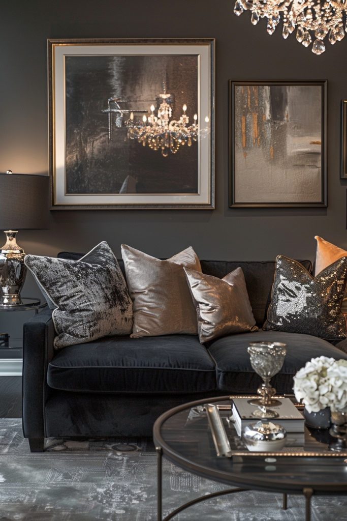 Charcoal Couch Living Room Ideas: Incorporate Metallic Accents