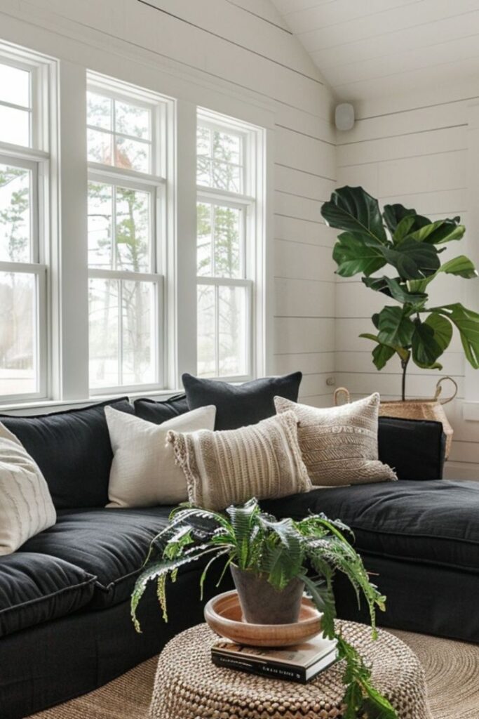 Charcoal Couch Living Room Ideas: Add Greenery