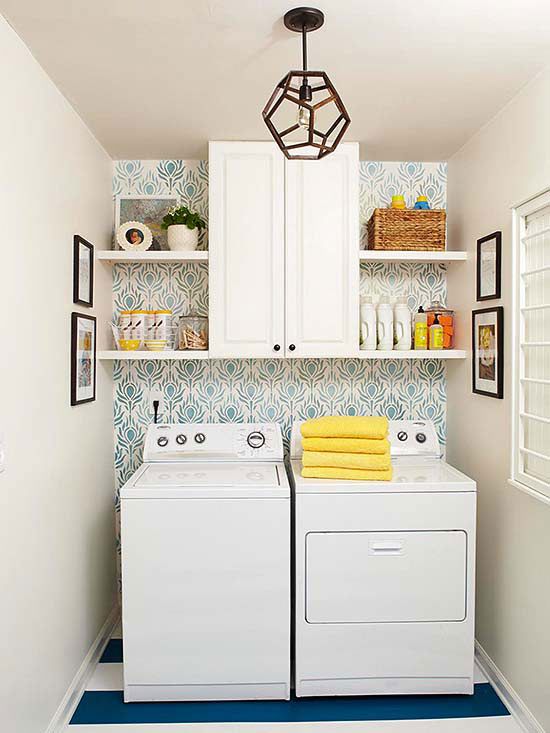 A laundry room with accent walls 