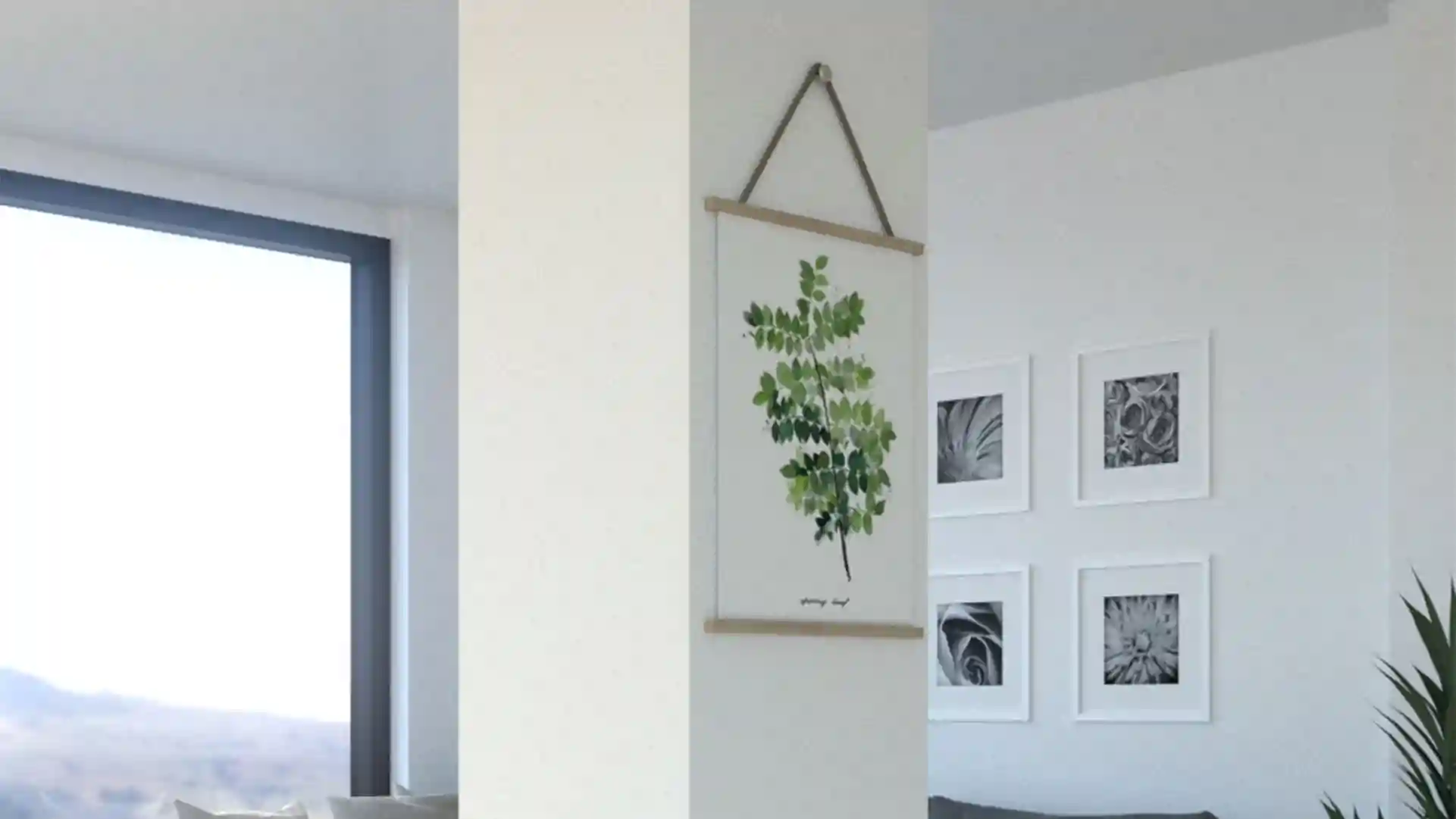 Artworks hanged on the pillars to hide them in the living room
