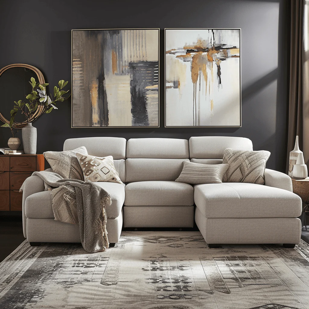 A room with artwork and recliner sofa