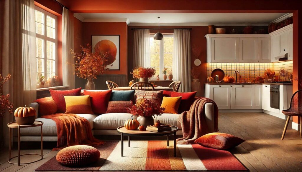 A living room with autumn inspired colour palette 