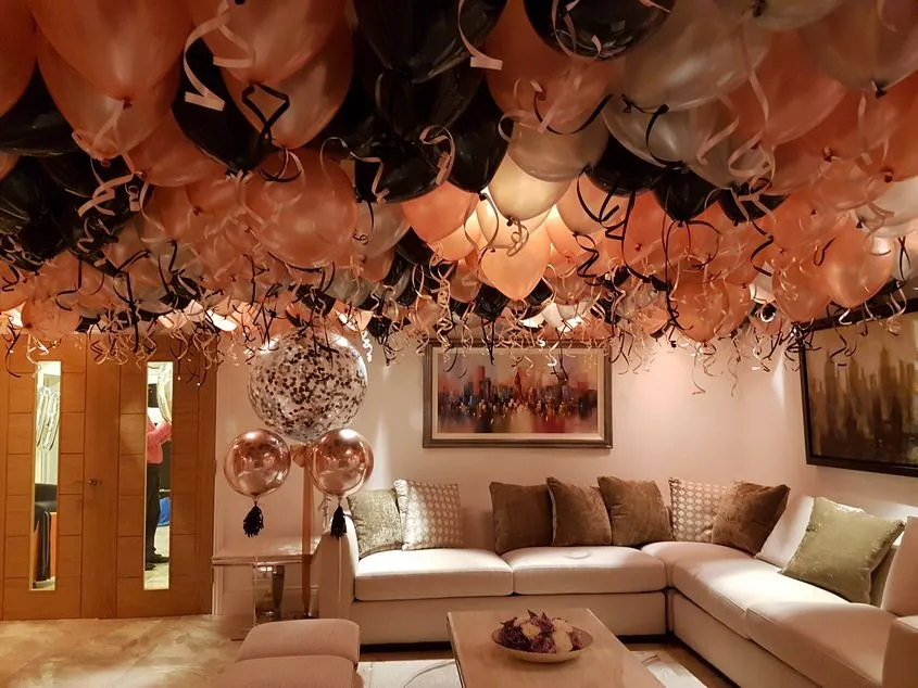 A birthday room with balloon ceiling