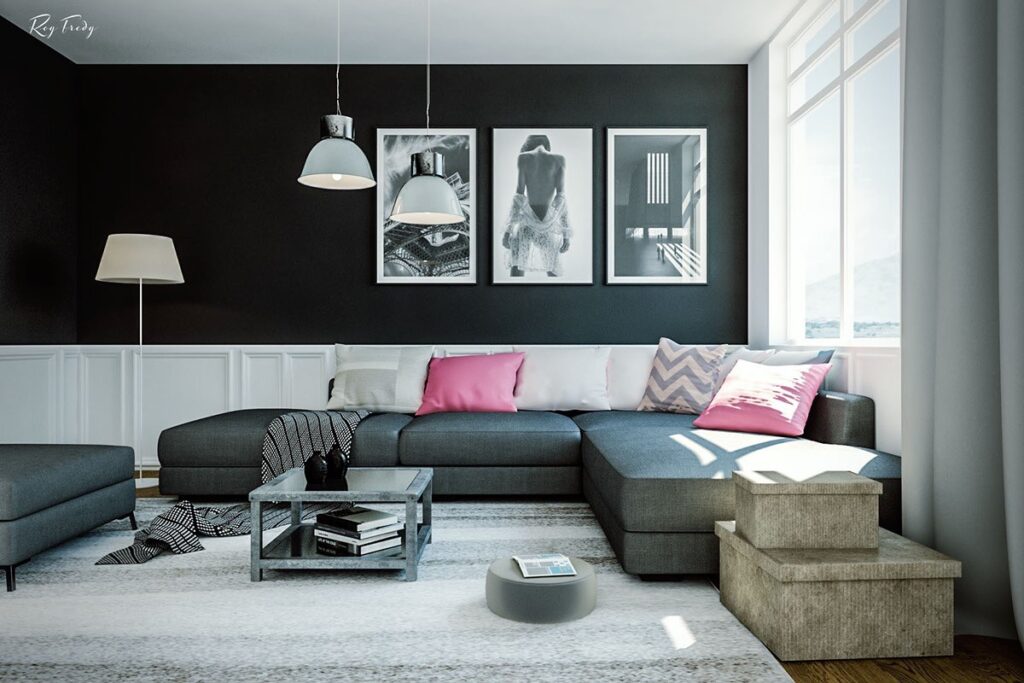 A living room with black, white, and pink shades 