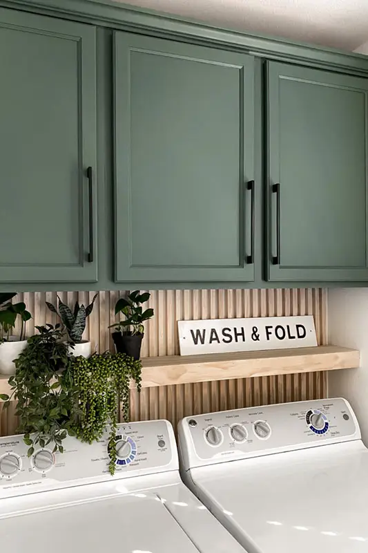 A laundry room with plants or botanical artwork 