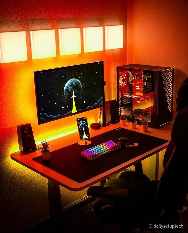 bright orange wall paint idea for gaming room