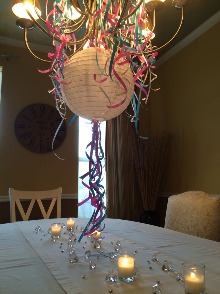 A birthday room with chandelier made up of ribbons 