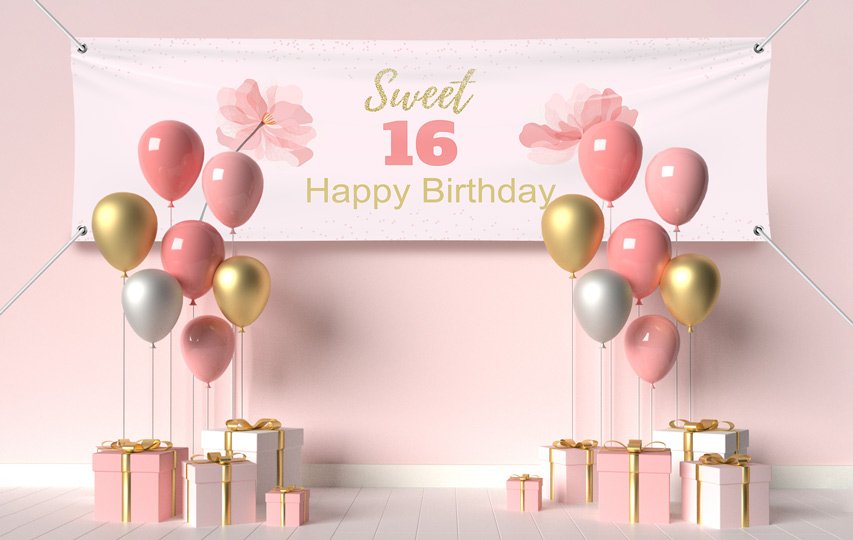 A birthday room with customized banners and signage