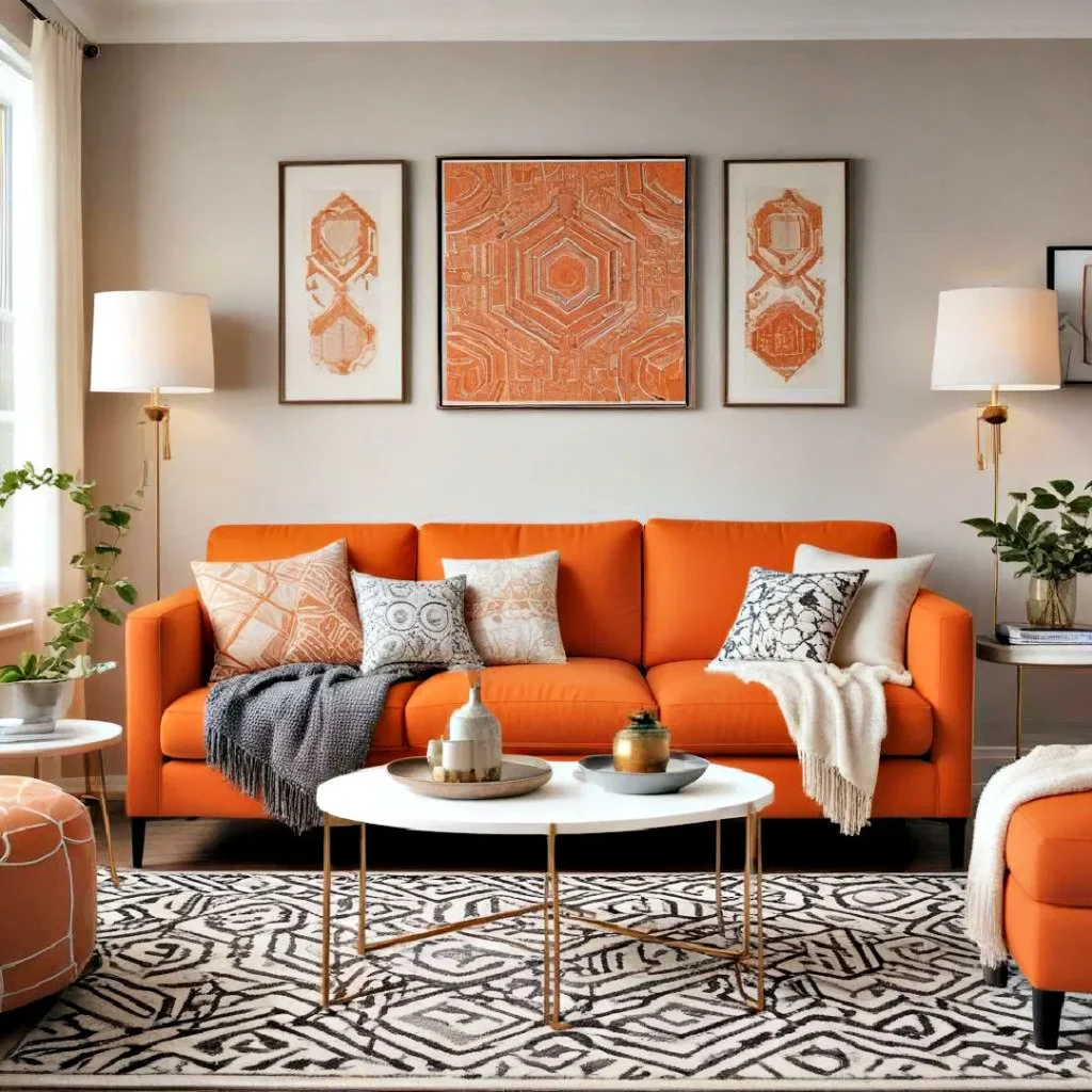 A living room with orange couch and geometric pattern rugs 