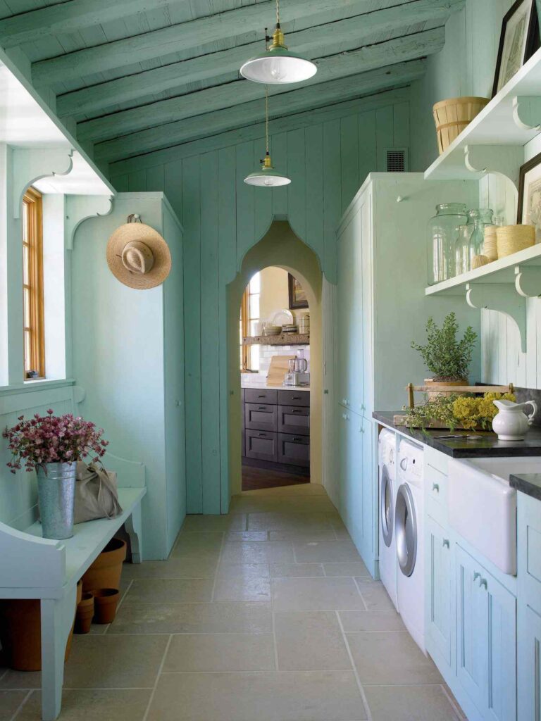 A laundry room with green ceilings