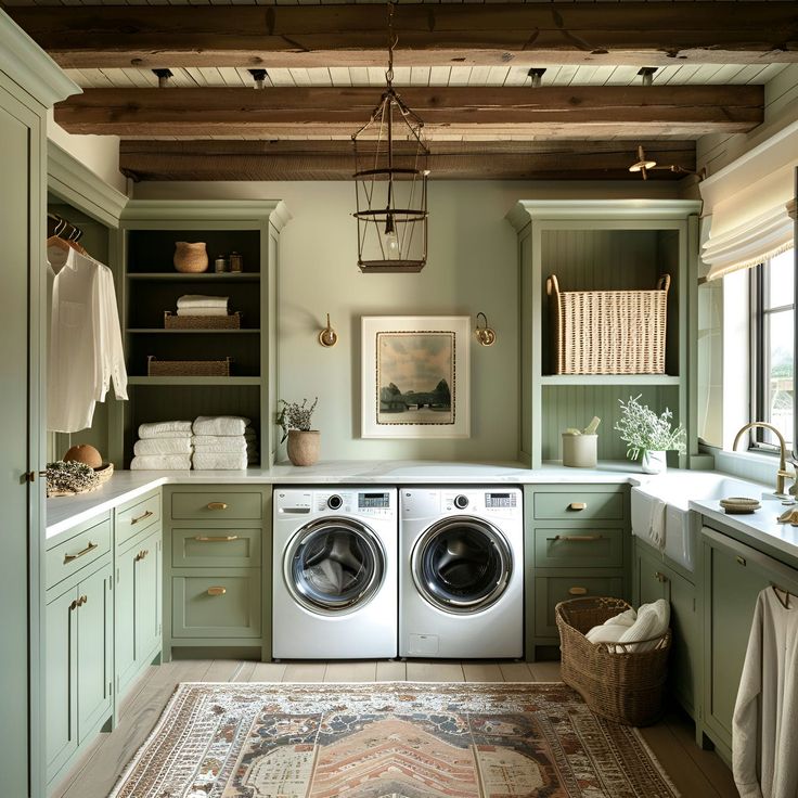 A laundry room with good lighting fixtures 