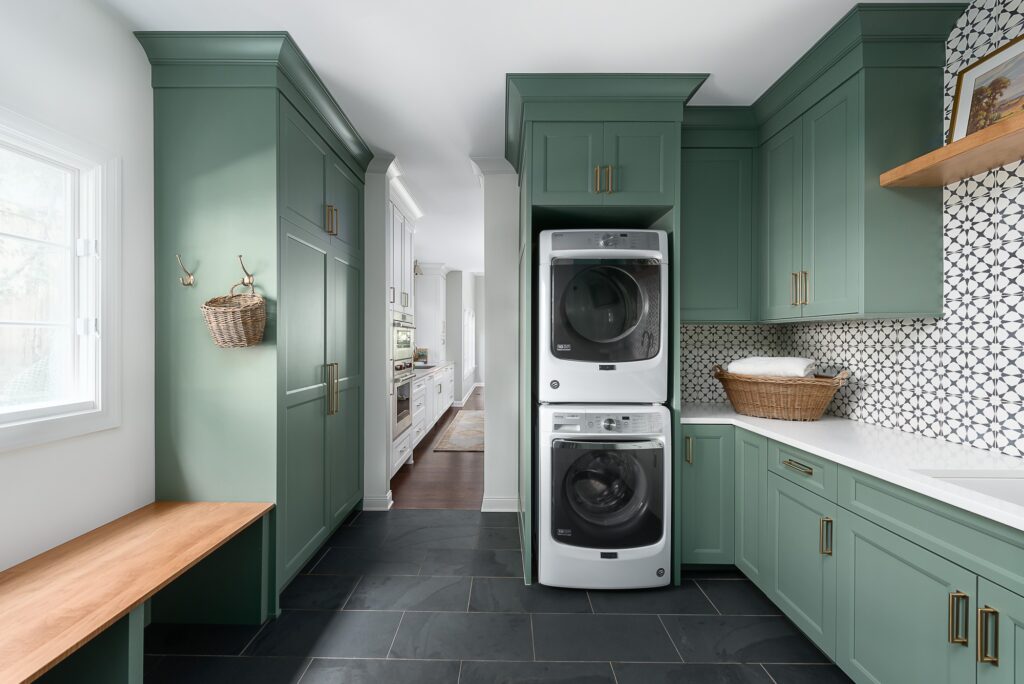 A laundry room with green trim colour 