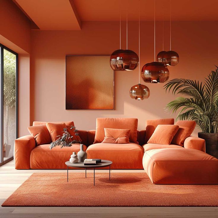 A living room with orange couches and layered lightings 