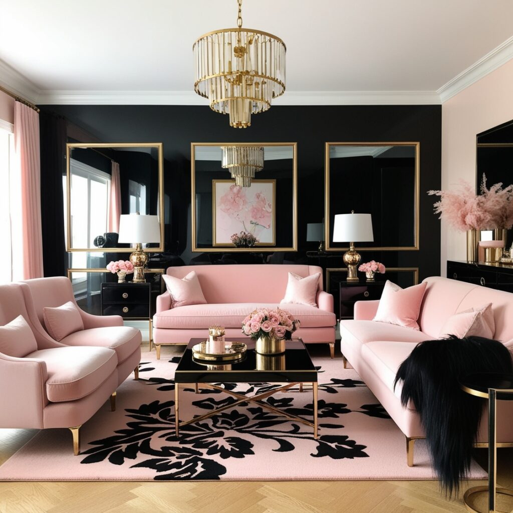 A living room with metallic gold accents 