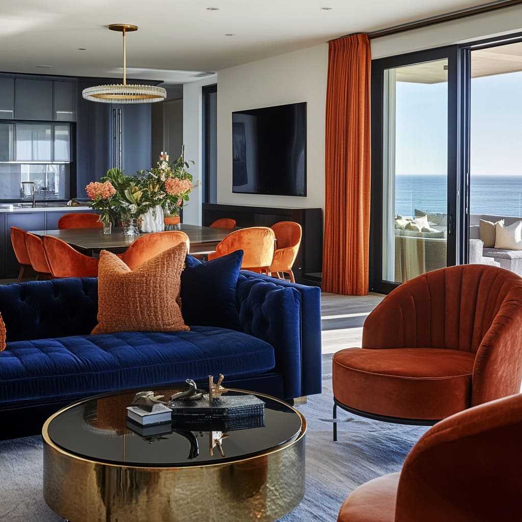 A living room with orange couch and metallic accents 