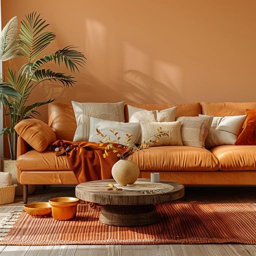 A living room with orange couches which gives natural vibe  