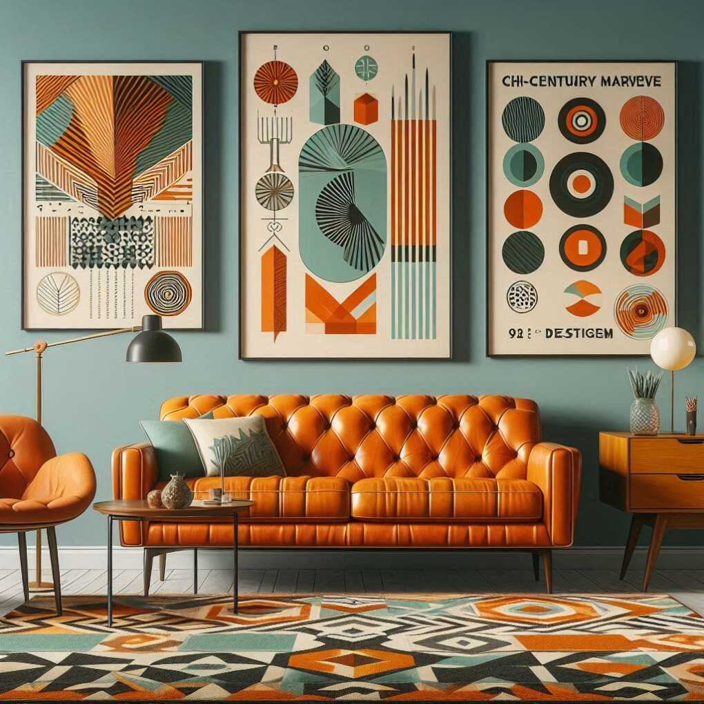 A living room with orange artwork and orange couch