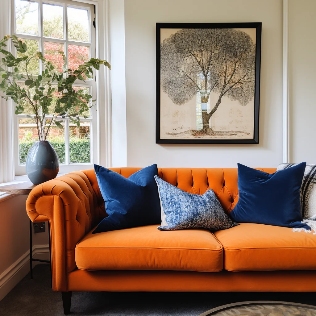 A living room with orange couch and blue accents  