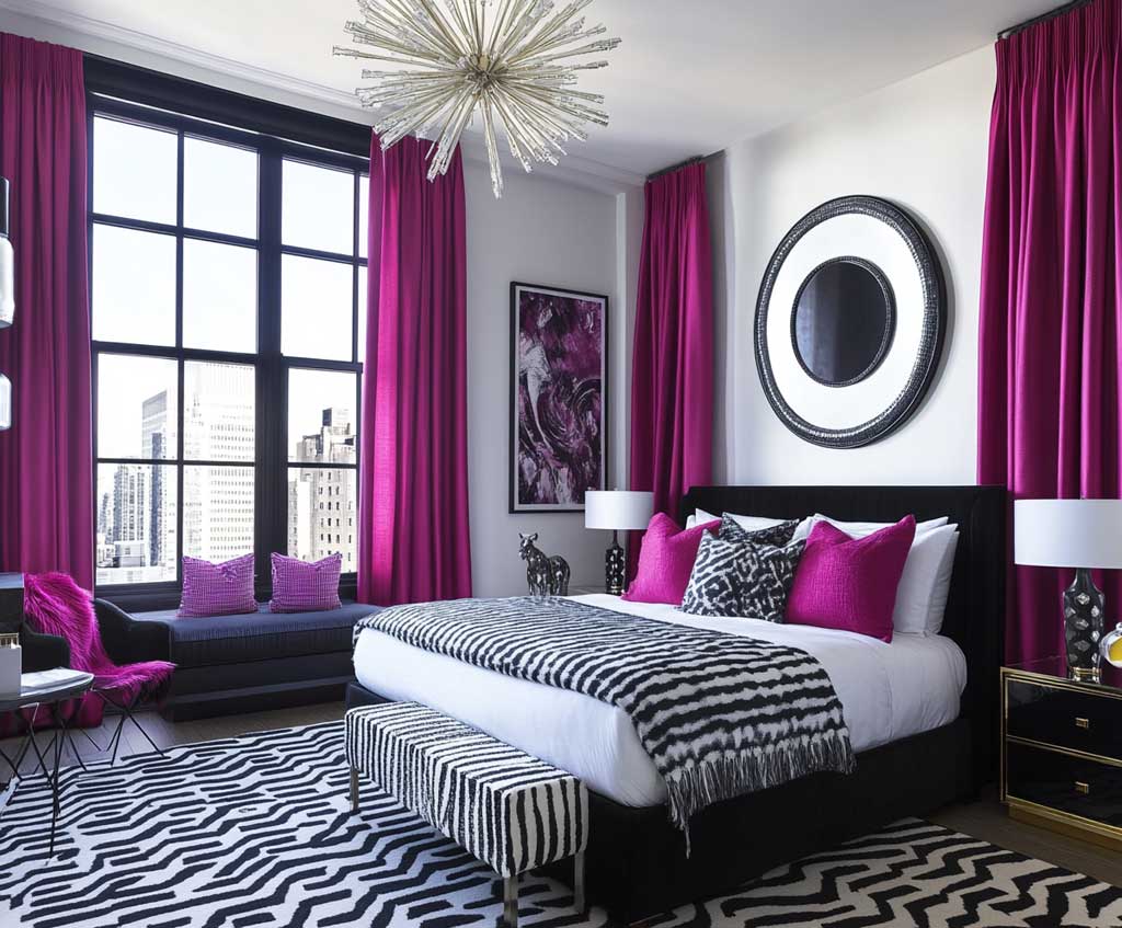 A living room with geometric patterns in black and pink 