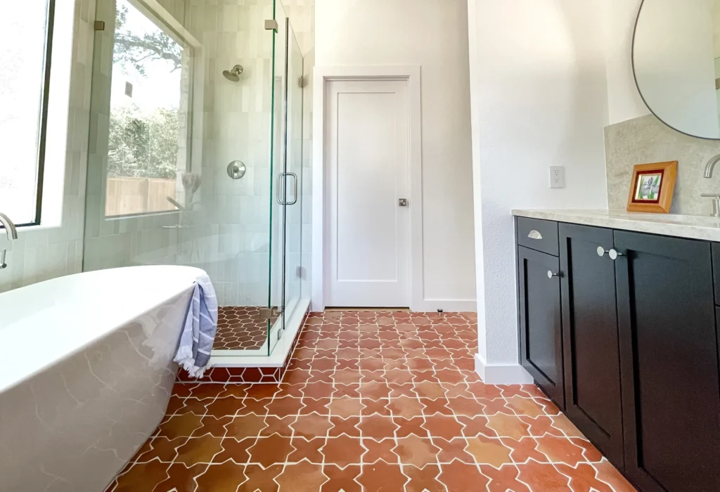 Saltillo Tiles in a modern bathroom to give a rustic look