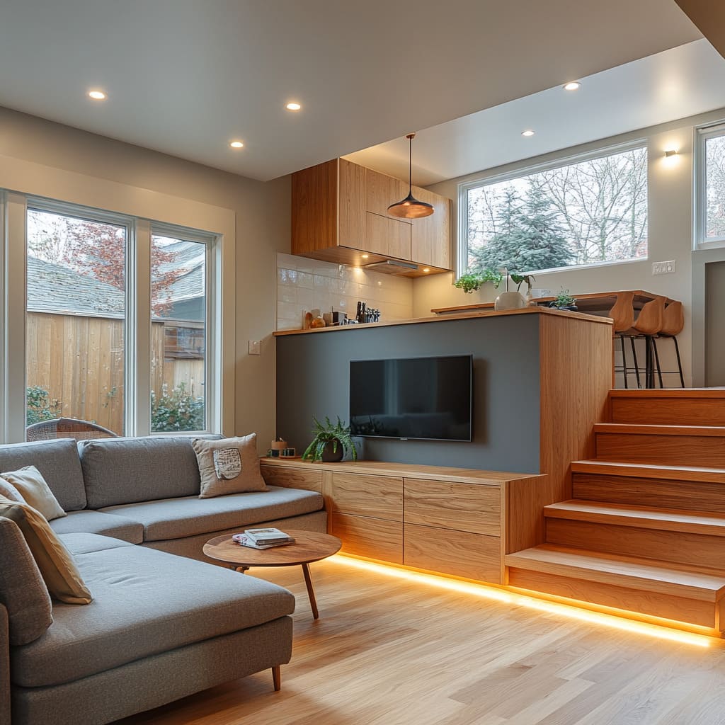 an image of a modern split-level living room with cozy and ambient lighting