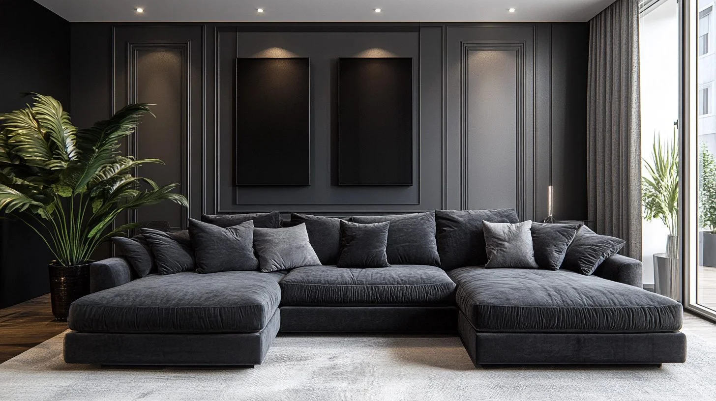 A living room with dark furniture and area rugs 