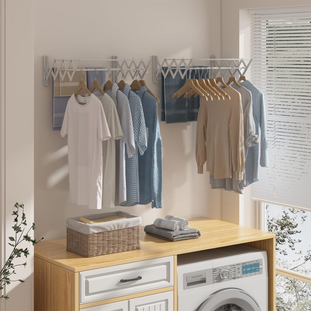 An outdoor space for laundry with retractable drying rack 