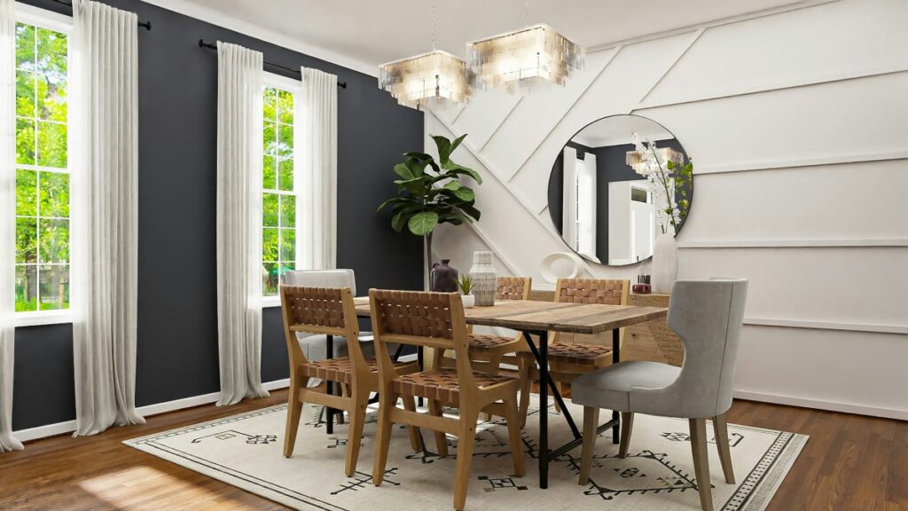 A dining room with geometric wall moulding 