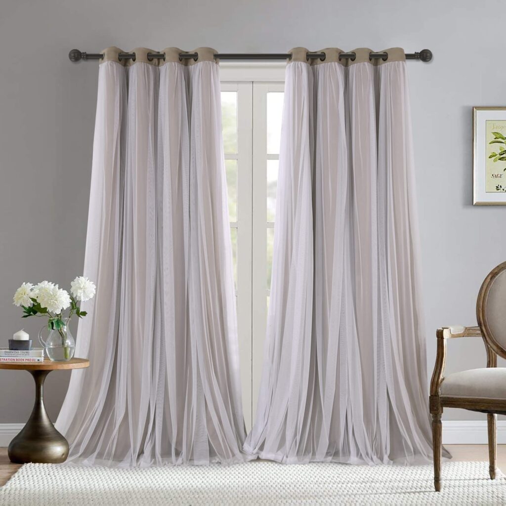 A living room with sheer curtains and grommets and insulated blackout lining 