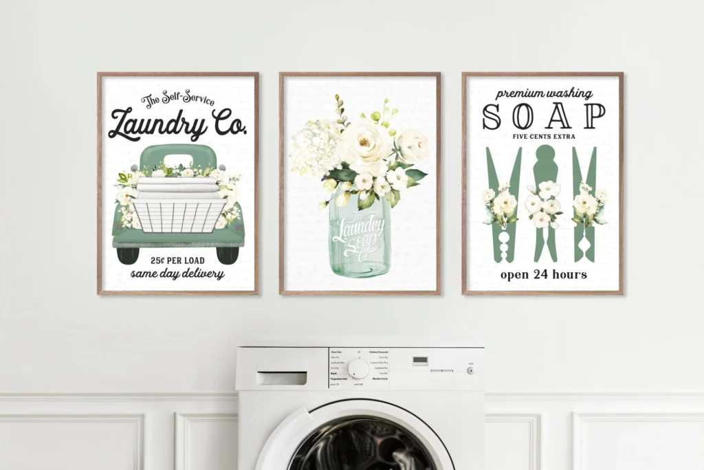 A laundry room with retro-styled laundry signs 