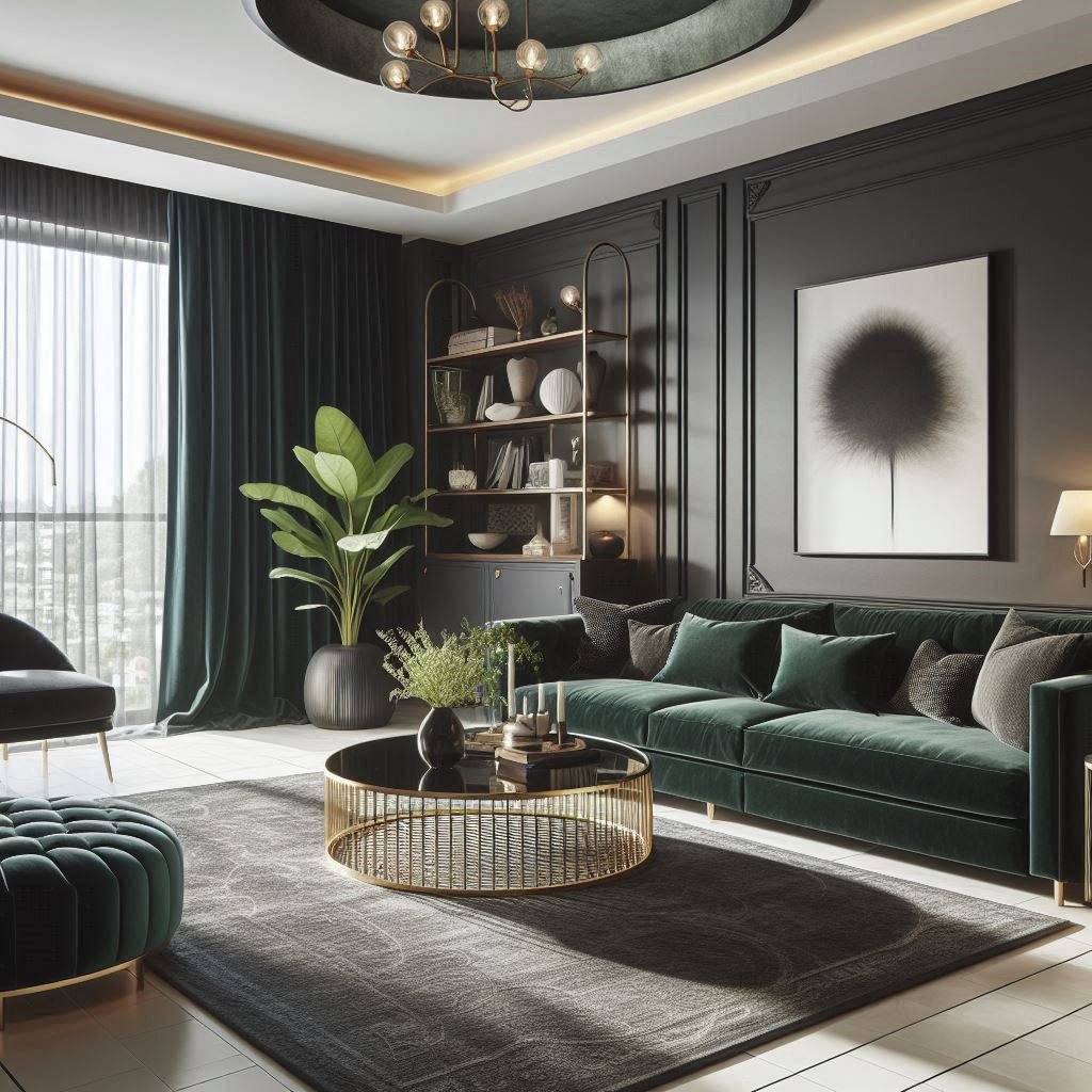 A living room with metallic elements 