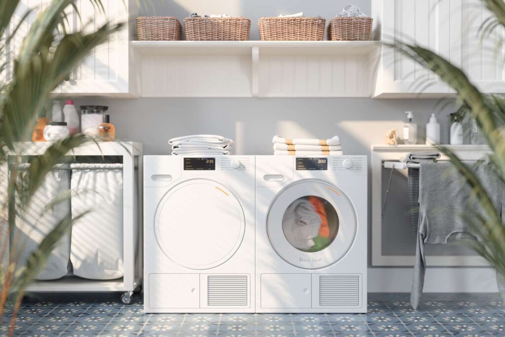 An outdoor space for laundry with open shelves 