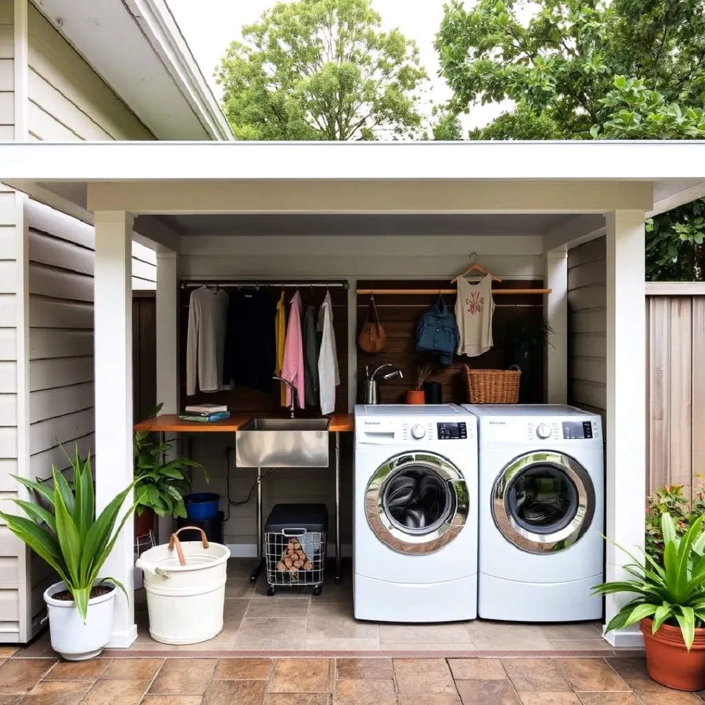 Outdoor space for laundry with wooden shed 